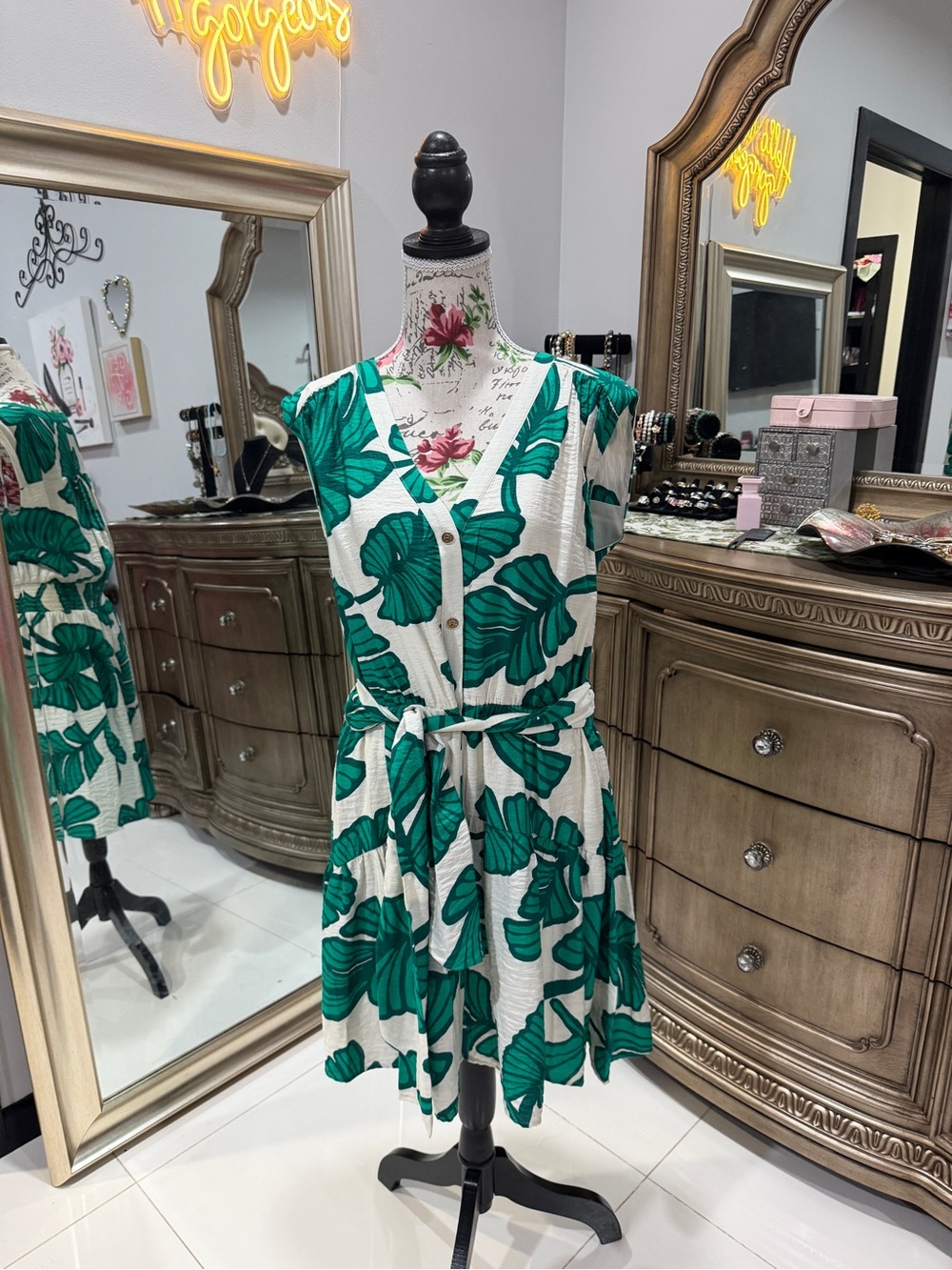 Nine West White Midi Dress with Green Leaf Print